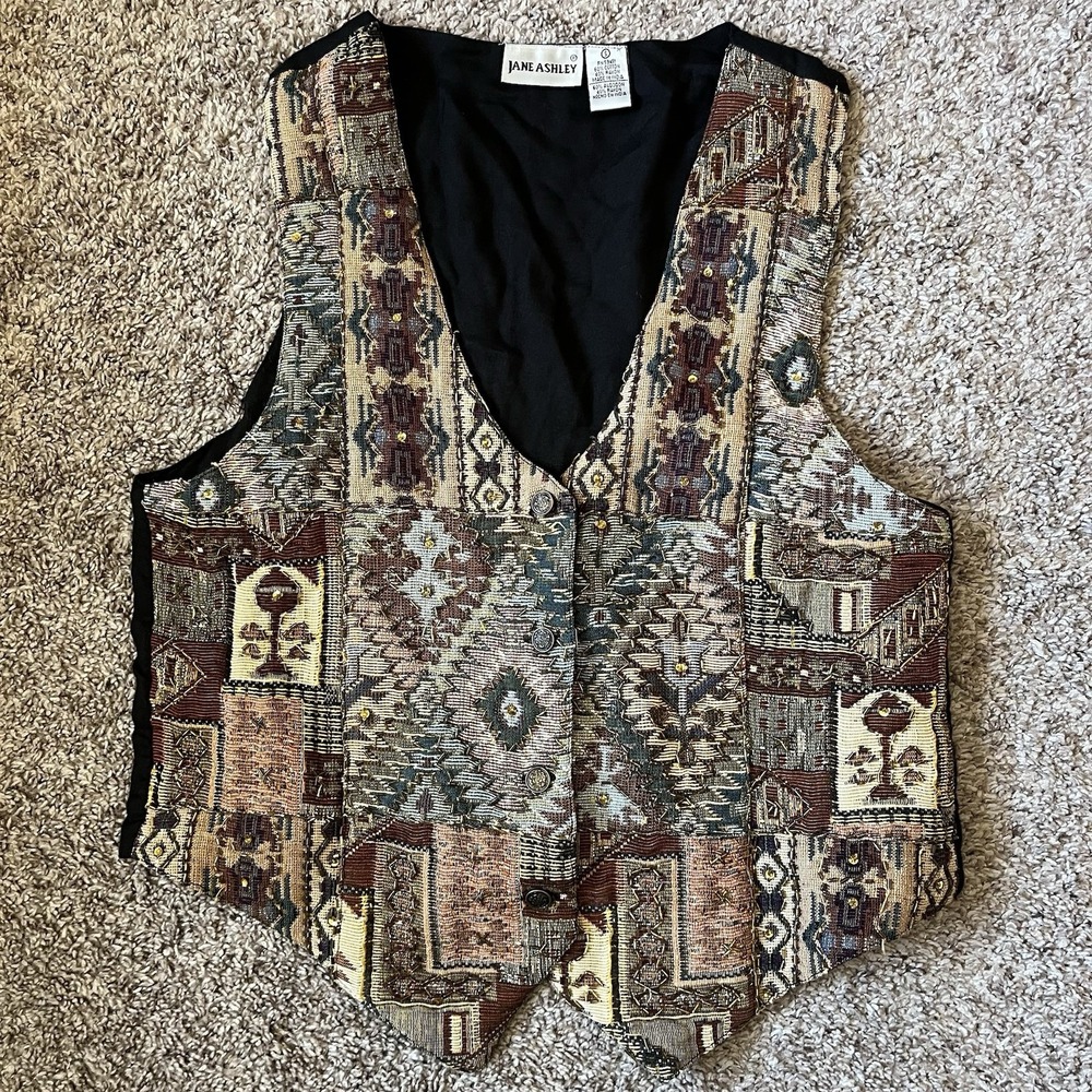 Vintage 90s Beaded Woven Geometric Button Up Vest Size Small Jane Ashley